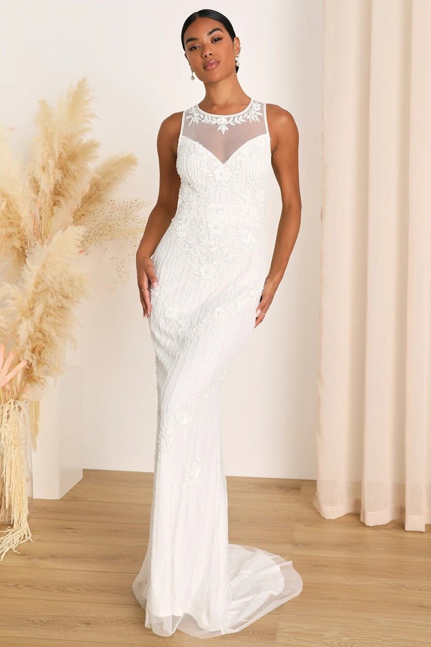 Lulus Modern Fairytale Mesh Beaded Sequin Mermaid Maxi Dress in White - XL
